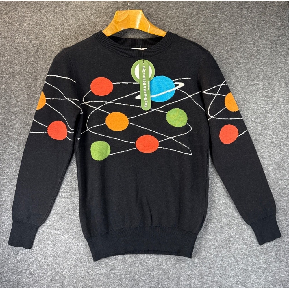 NWT OXKNIT Planet Solar System Sweater Womens S Black Retro Space Graphic Cotton